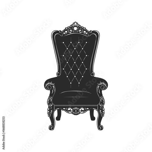 Elegant black baroque armchair with ornate detailing on white background