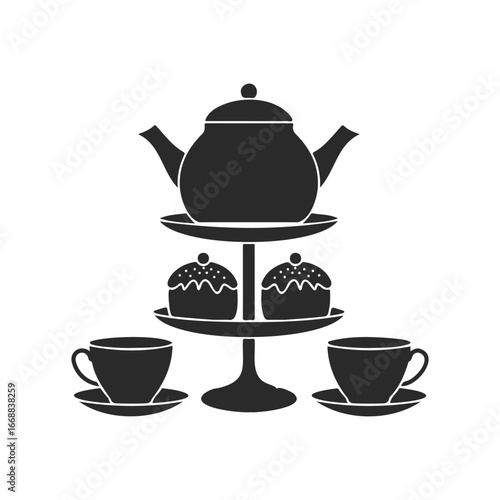 Silhouette of classic tea set with teapot, cups, and muffins on stand