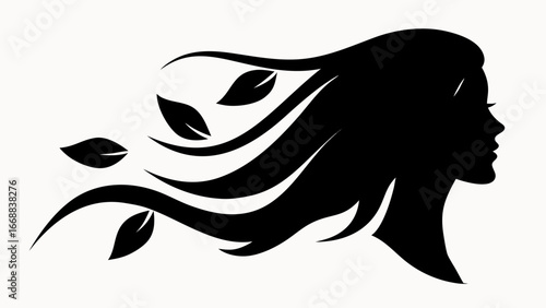 Silhouette of a woman with flowing hair and leaves in black and white vector illustration design art