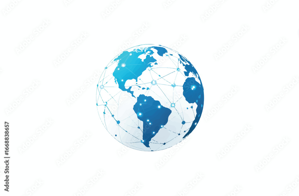 Fototapeta premium Global Network Connectivity and Worldwide Communication Represented by a Digital Earth Globe with Interconnected Lines and Dots on White Background