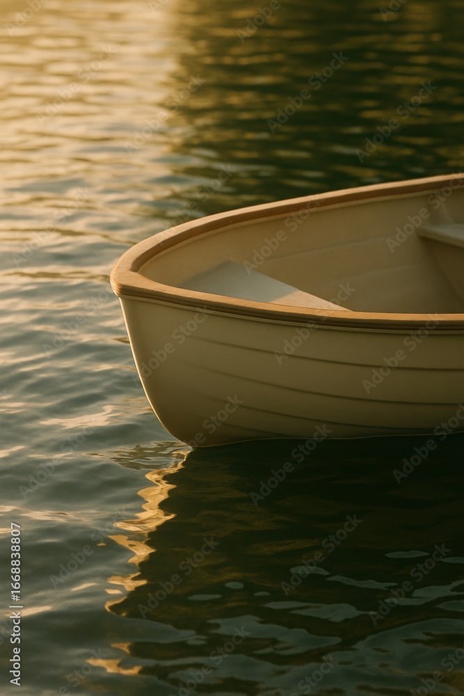 Obraz premium Tranquil sunset reflecting off a wooden rowboat on calm waters