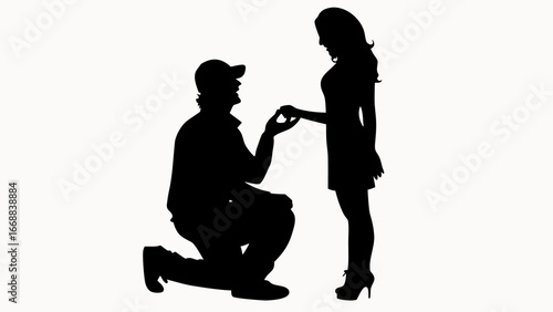 Silhouette of a man proposing to a woman with a ring on a white background in a romantic moment