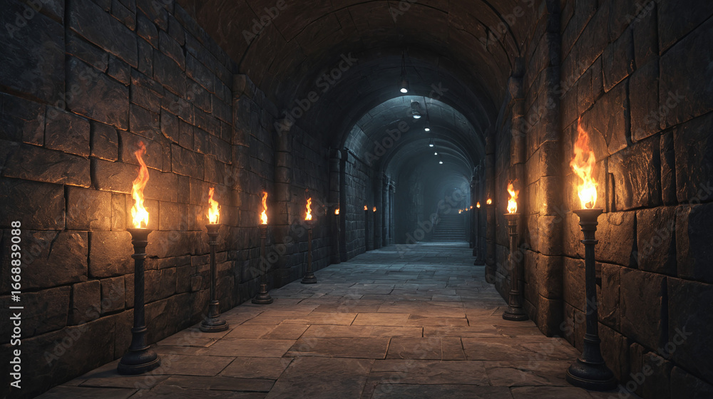 Fototapeta premium Burning Torches Illuminate Dark Stone Corridor Leading to Secret Vault