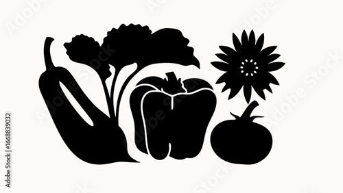 Silhouette illustration showcasing an eggplant, broccoli, bell pepper, tomato and sunflower design
