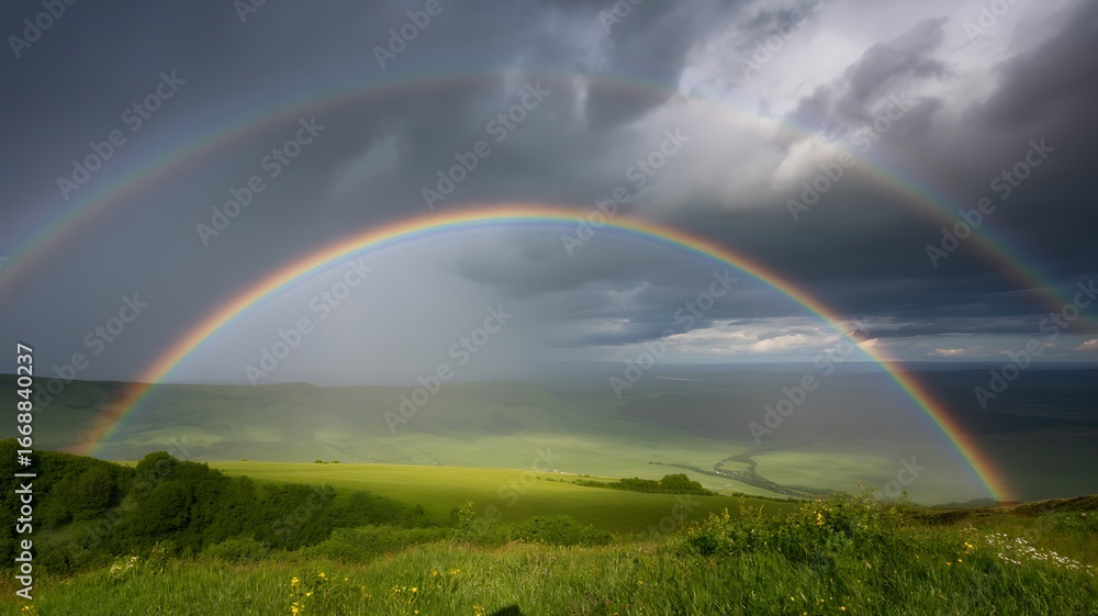 Fototapeta premium Double rainbow over green rolling hills after rain