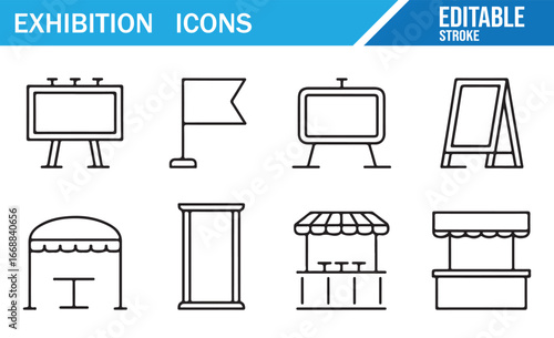 Editable Stroke Exhibition Icons for Business Fair and Marketing Events