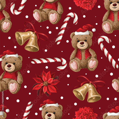 Vector seamless Christmas pattern with bear, poinsettia flower and candy