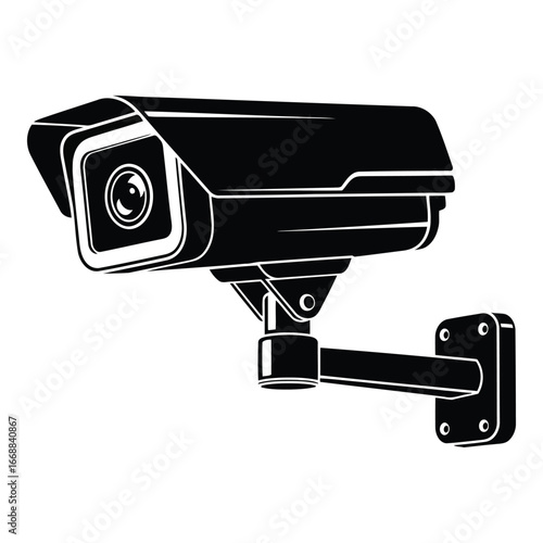 Outdoor surveillance camera mounted on bracket monitoring security footage in black and white sketch style silhouette