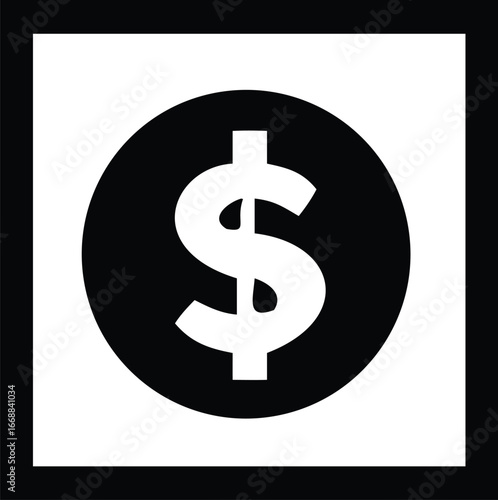 Bold black dollar sign emblem inside a circle on a white square background for financial concepts and business themes