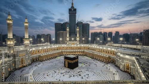 Aerial view of the masjid alharam in mecca at dusk with city skyline