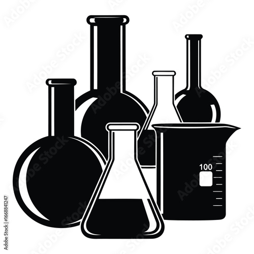 A collection of assorted laboratory glassware including flasks and beakers for scientific experiments and research silhouette