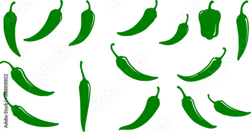 Set of hot chili silhouette peppers, isolated
