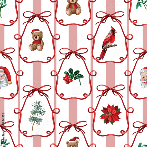 Cute vector seamless pattern with Christmas bear and red bow.
