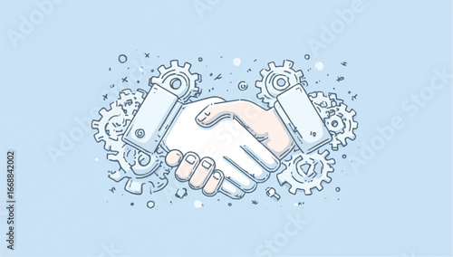 Handshake gears and mechanical arms for collaboration partnership and engineering teamwork in a modern design concept for success