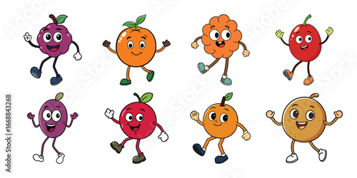 Collection of Cartoon Fruits with Faces and Limbs Walking and Smiling on White Background