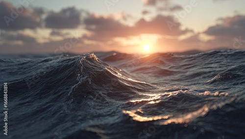 Ocean waves at sunset.  Golden sun sets over choppy water
