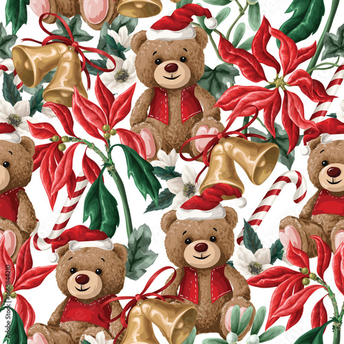 Vector seamless Christmas pattern with bear, poinsettia flower and candy
