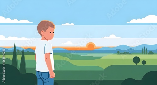 Young Boy Standing in a Serene Stylized Landscape at Sunset, Contemplating the Vastness of Nature