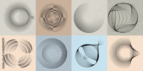 Lines and spirals in Circle Form .Rotate rounded shape Vector .Rotating dots form a circle .Rotating and linear design element . Various lines forming round shape . Abstract Geometric line art 