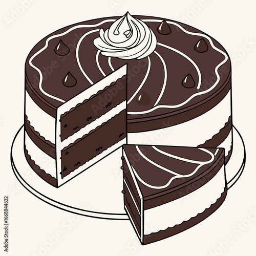 Chocolate cake cut in half showing creamy filling.