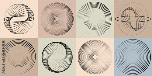 Lines and spirals in Circle Form .Rotate rounded shape Vector .Rotating dots form a circle .Rotating and linear design element . Various lines forming round shape . Abstract Geometric line art 