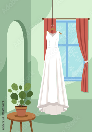 Beautiful wedding dress hanging by the window in a cozy room