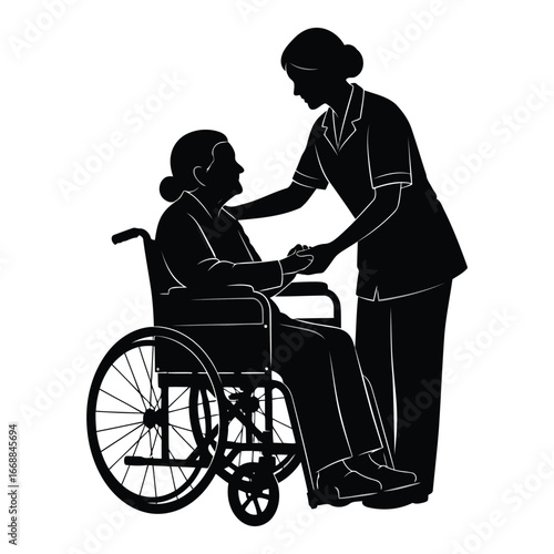 Caring nurse assisting elderly woman in wheelchair providing compassionate care and support silhouette