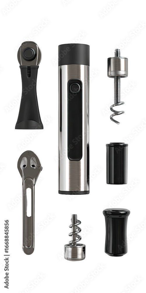 Fototapeta premium Stainless steel appliance parts. Multiple components, including a cylindrical body, a button, and various attachments, likely for a kitchen appliance. Grey/black/silver colored pieces