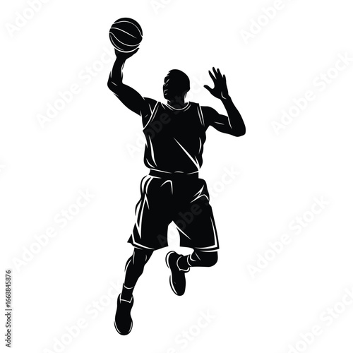 Dynamic silhouette of a basketball player dunking with intensity and skill silhouette