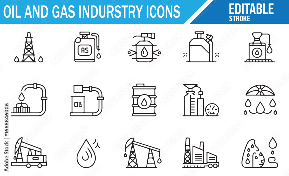 Fototapeta premium Outline Icons for Petroleum Industry, Oil Rigs, Pipelines, and Storage