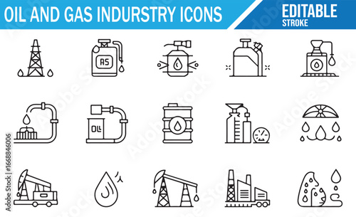 Outline Icons for Petroleum Industry, Oil Rigs, Pipelines, and Storage
