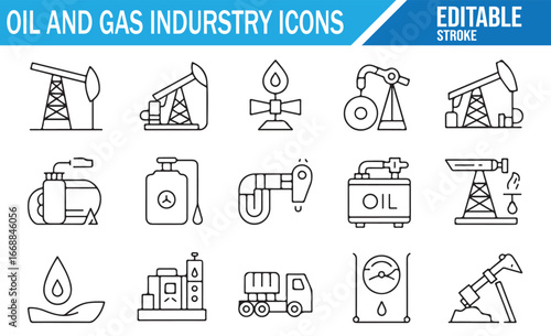 Set of Vector Icons for Oil Rigs, Gas Pipelines, and Fuel Industry