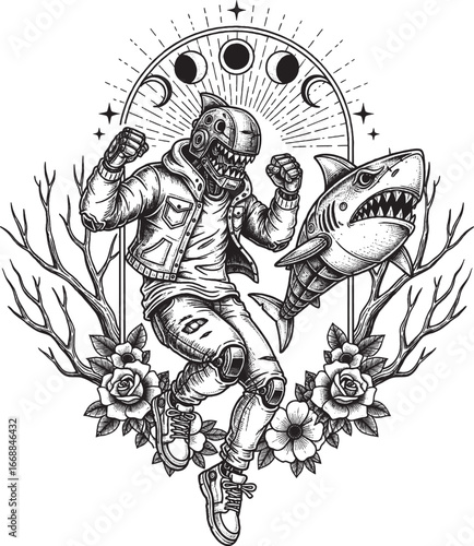Fighter with Shark Companion Dark Vector Illustration