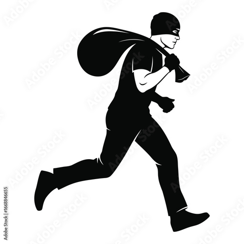 Silhouette of a burglar running with a sack full of loot during a nighttime heist silhouette