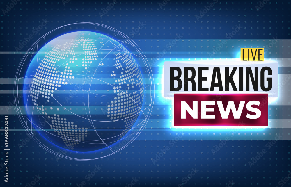 Fototapeta premium High-tech digital illustration of a glowing globe and breaking news banner. Suitable for global news, media broadcasts, or alert messages. Perfect for media and communication design themes.