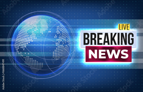 High-tech digital illustration of a glowing globe and breaking news banner. Suitable for global news, media broadcasts, or alert messages. Perfect for media and communication design themes.