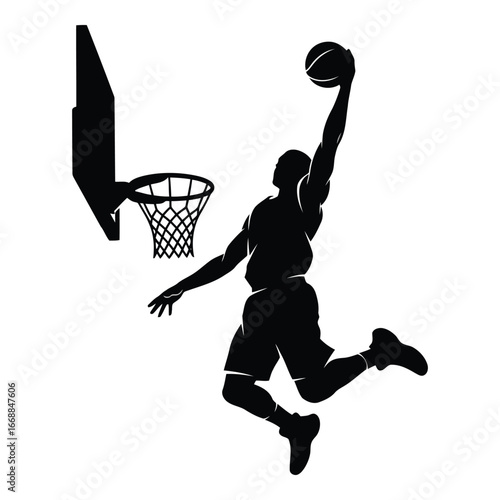 Dynamic basketball player silhouette leaping to slam dunk the ball into the hoop silhouette