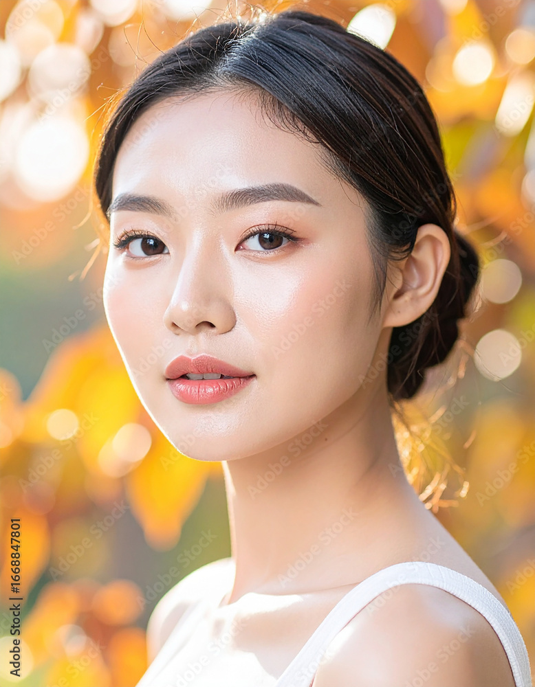 Fototapeta premium Elegant Korean K-Beauty model, woman with flawless glowing skin, natural makeup, autumn foliage