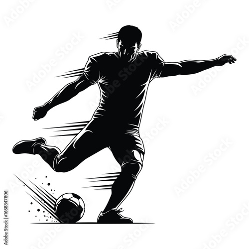 Dynamic silhouette of a football player kicking the ball with motion lines and splatter effects silhouette