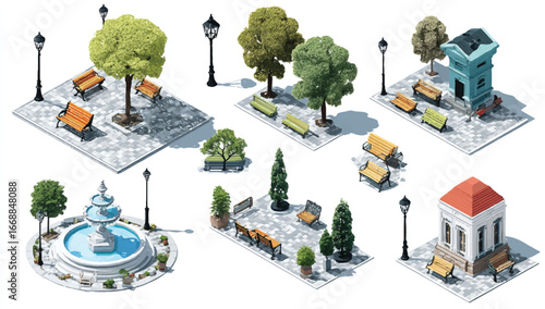 Isometric park elements collection with trees benches fountains kiosks streetlights for game development and urban planning showcasing diverse landscape components