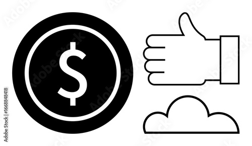 Dollar coin, hand gesture, and cloud graphic representing finance, approval, and digital integration. Ideal for business growth, online services, finance, positivity technology web solutions