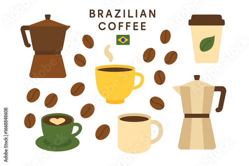 Brazilian coffee culture vector illustration set with cups, beans, and moka pots