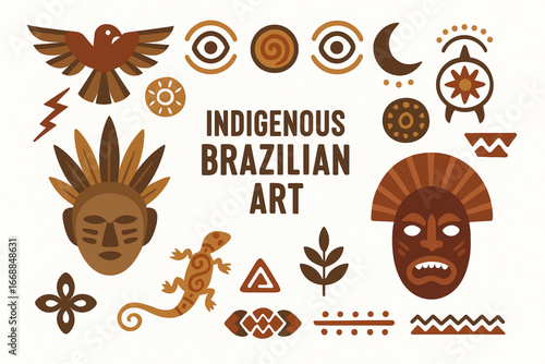 Brazilian indigenous tribal masks and art symbols vector set
