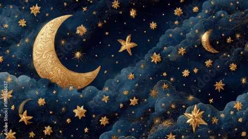 A painting of a night sky with a large gold moon and many stars. The painting has a dreamy, romantic mood