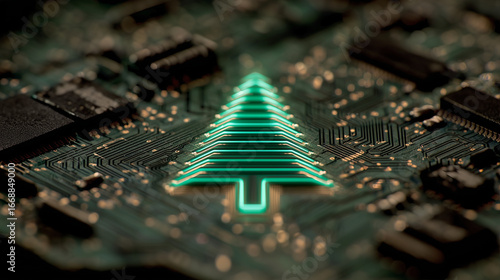 A processor shaped like a christmas tree- glowing green on a computer's circuitry - holiday technology and AI artificial intelligence concept.