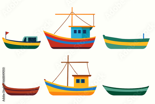 Brazilian fishing boats and canoes vector illustration set in flat design