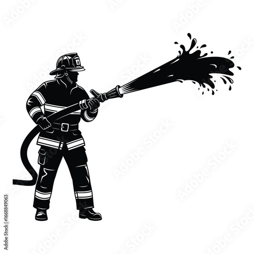 Brave firefighter in full gear actively fighting a blaze with a powerful water stream silhouette