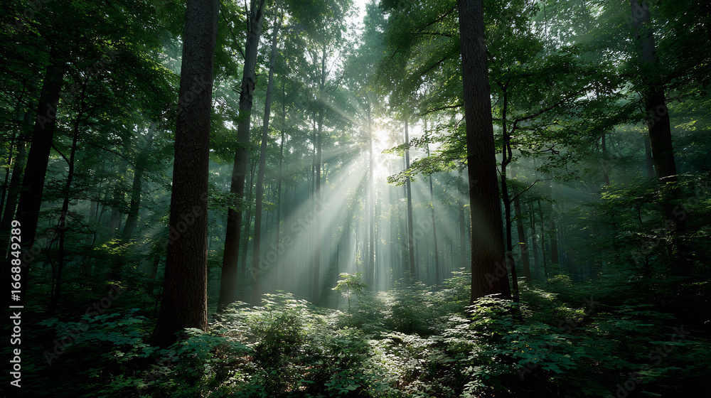 Obraz premium Sunlight Beams Illuminating Dense Green Forest with Tall Trees