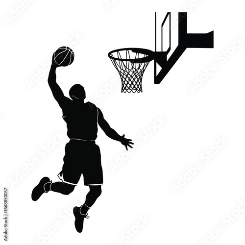 Dynamic silhouette of a basketball player dunking the ball into the hoop silhouette