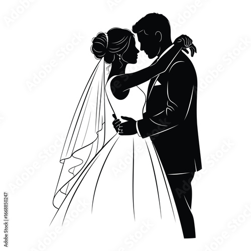 Elegant silhouette of a newlywed couple embracing on their wedding day silhouette